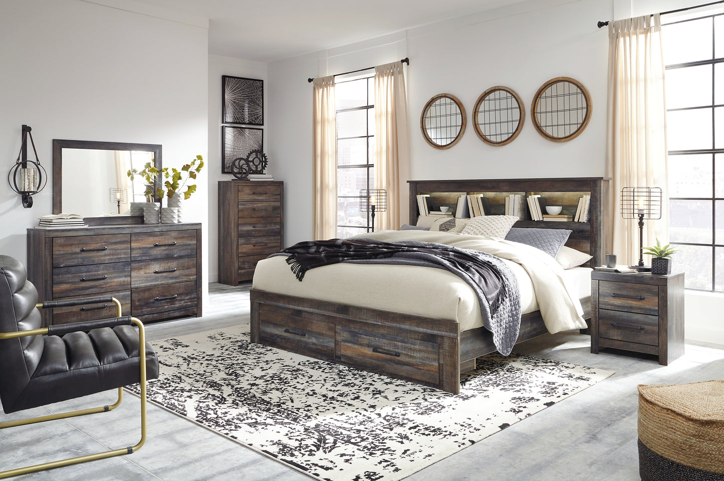 Drystan Bookcase Bed With 2 Storage Drawers With Mirrored Dresser, Chest And 2 Nightstands