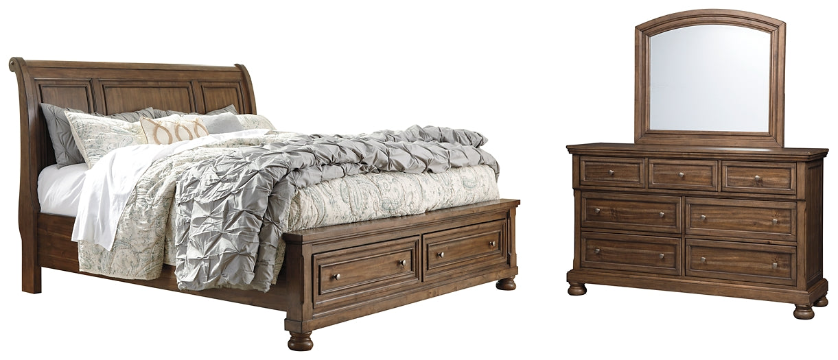 Flynnter Sleigh Bed With 2 Storage Drawers With Mirrored Dresser