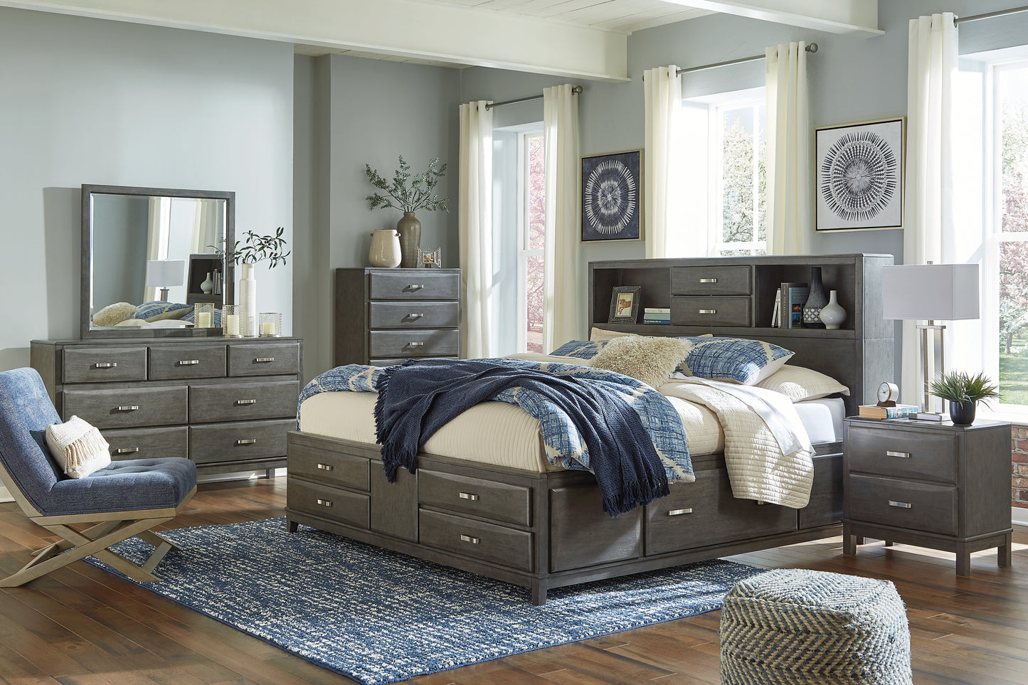Caitbrook Storage Bed With 8 Storage Drawers With Mirrored Dresser And Chest