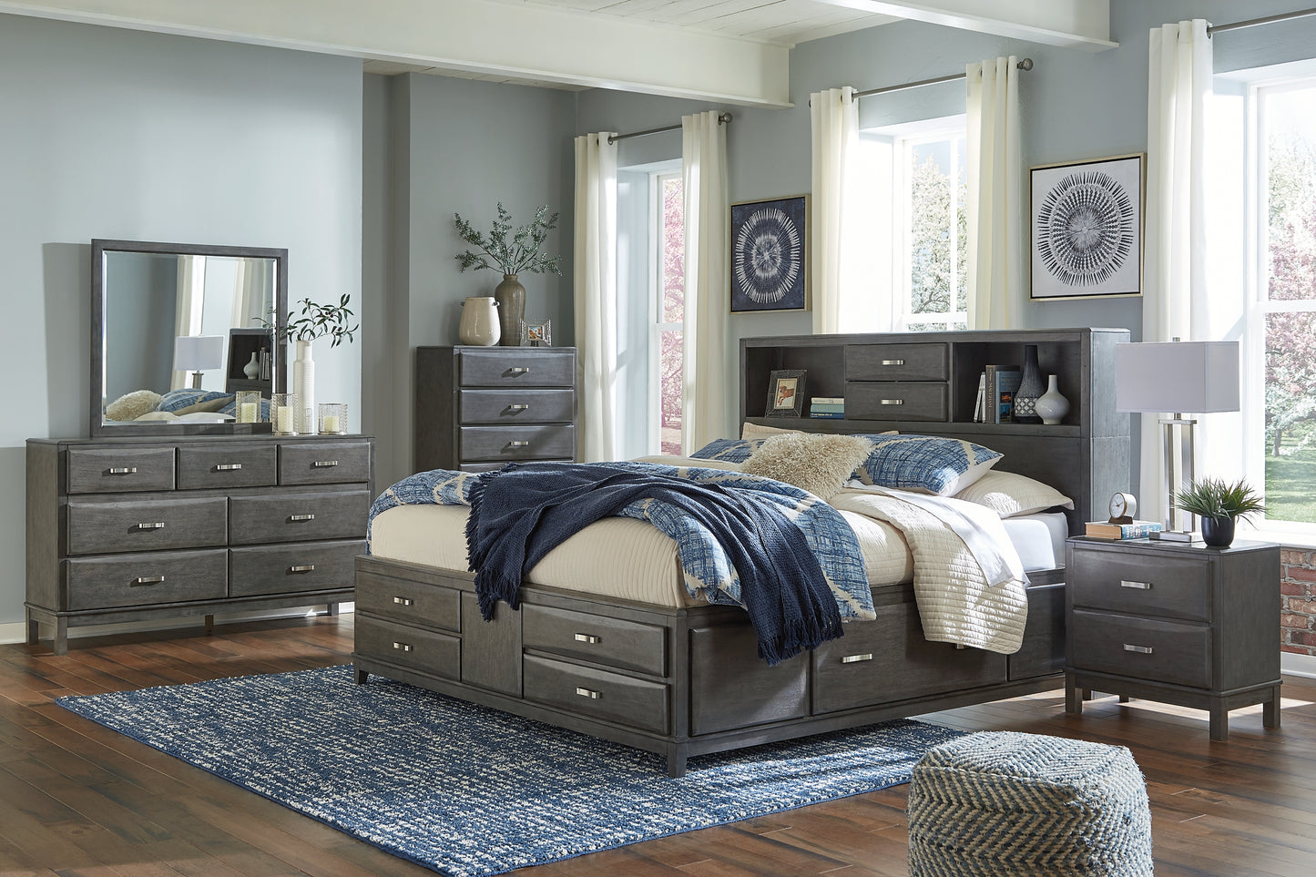 Caitbrook Storage Bed With 8 Storage Drawers With Mirrored Dresser And Chest