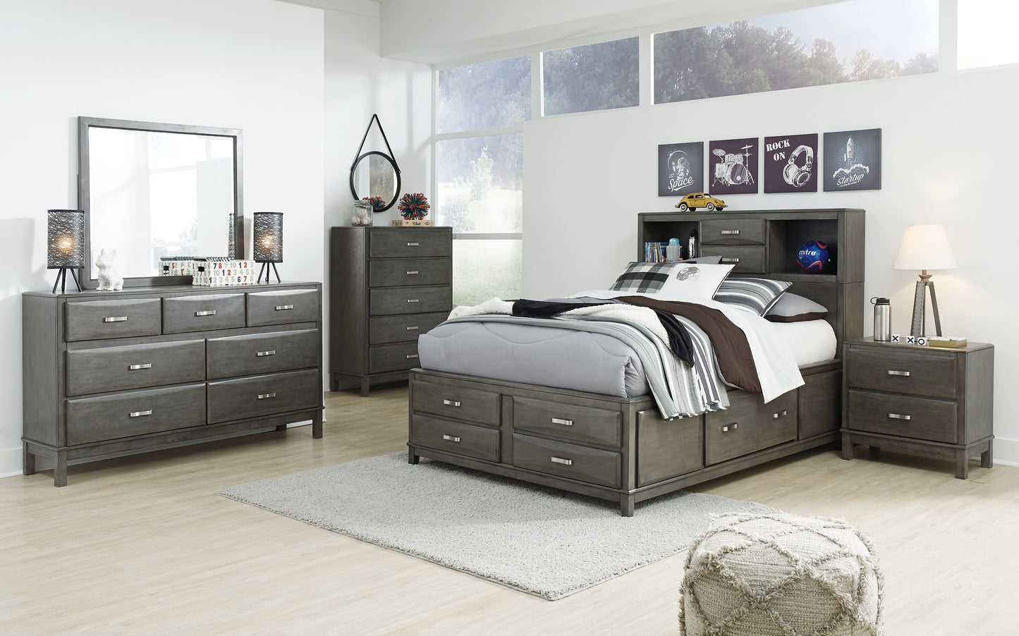 Caitbrook Storage Bed With 8 Storage Drawers With Mirrored Dresser And Chest