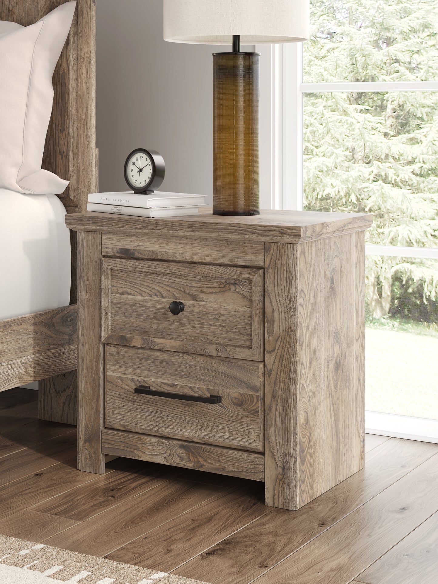 Rusticott Queen Poster Bed with Mirrored Dresser and Nightstand