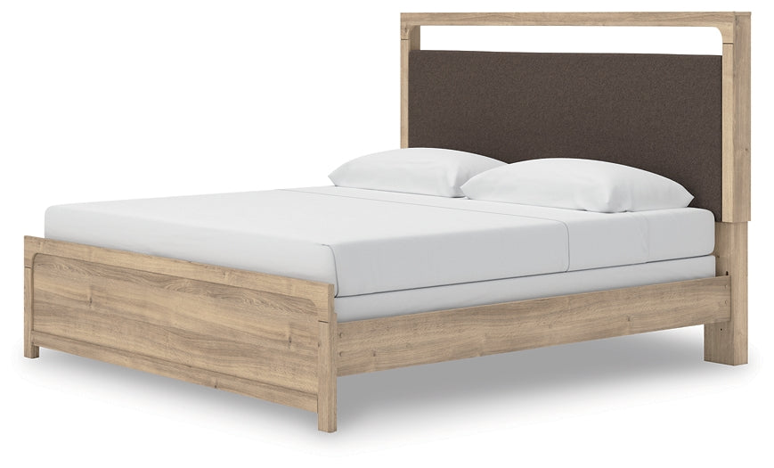Kinlanni King Upholstered Panel Bed, Dresser and Mirror
